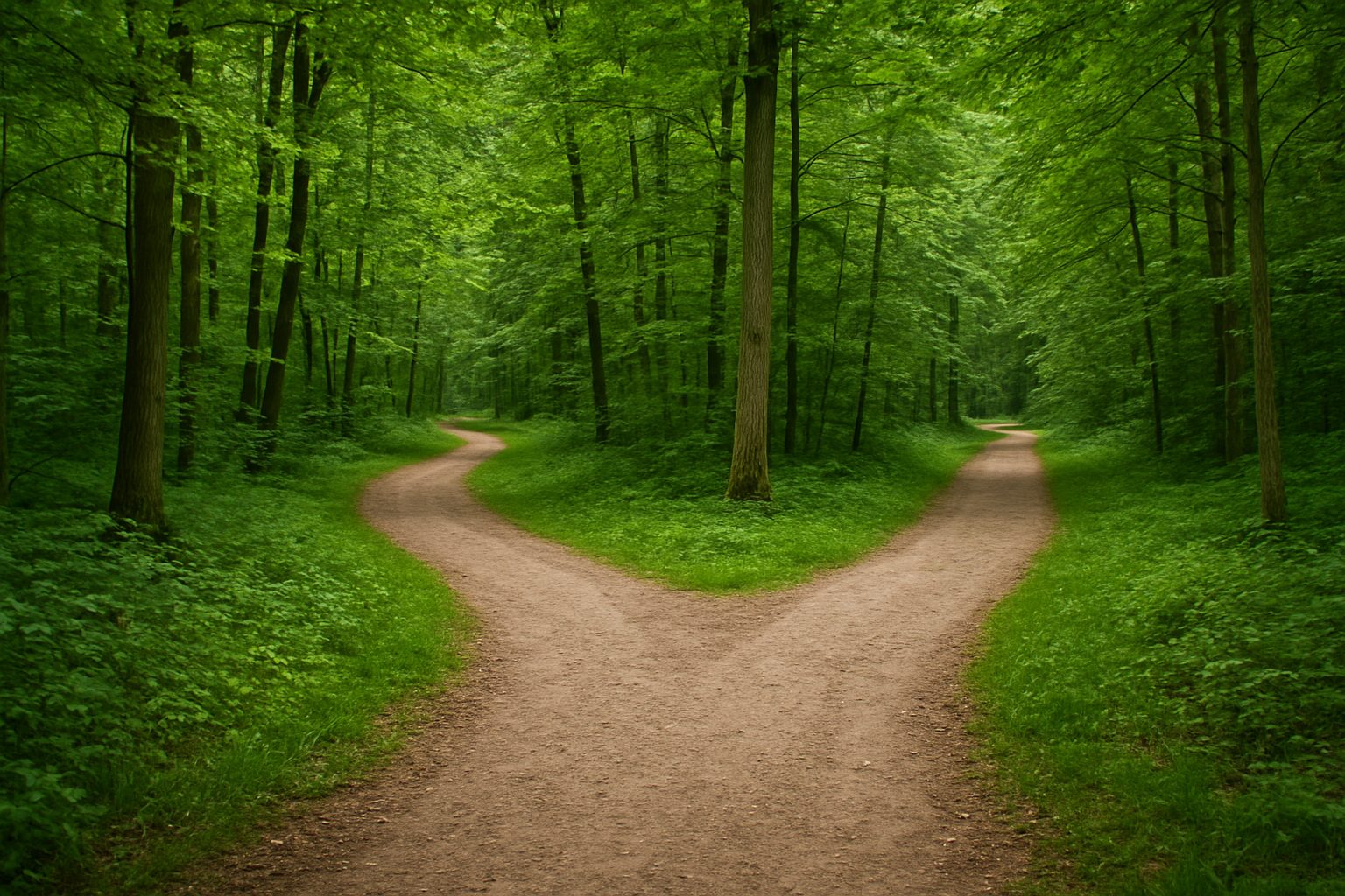 A serene forest scene showing a fork in the path, symbolizing choices and directions.